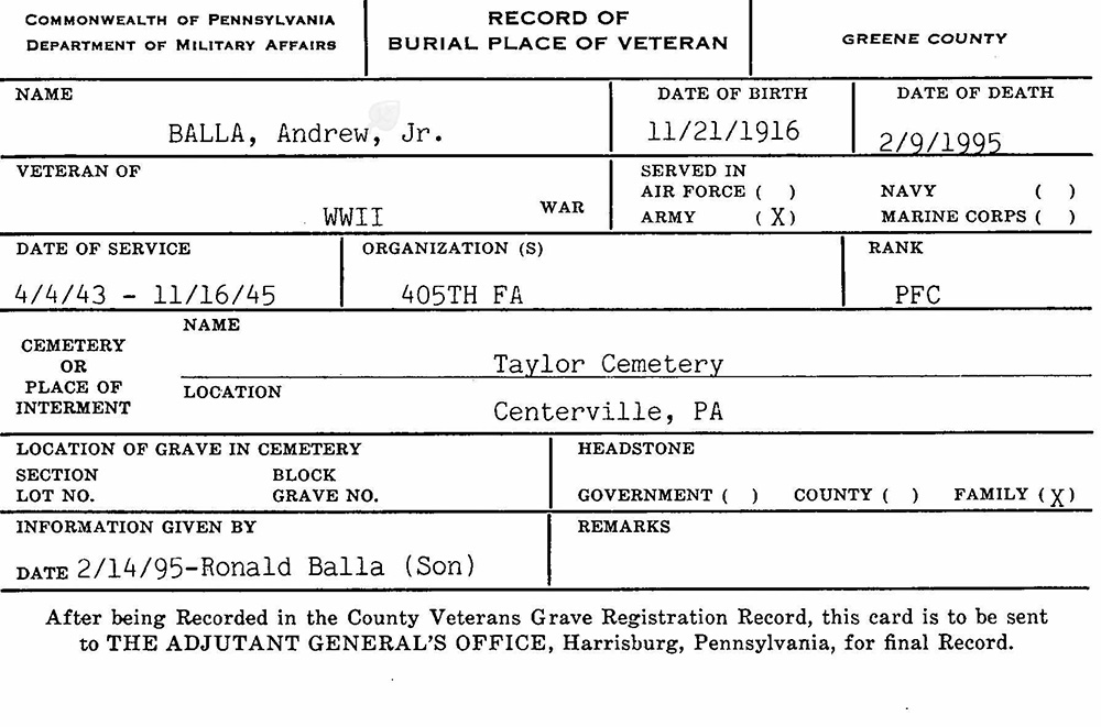veteran burial card